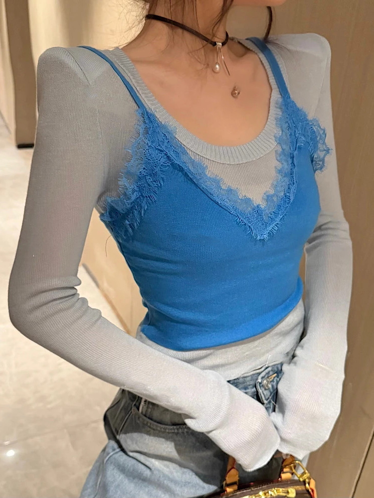 Korean-Style Fake Two-Piece Round Neck Long Sleeve Knitted Top for Women - 2025 Spring Slim Fit Unique Fashion
