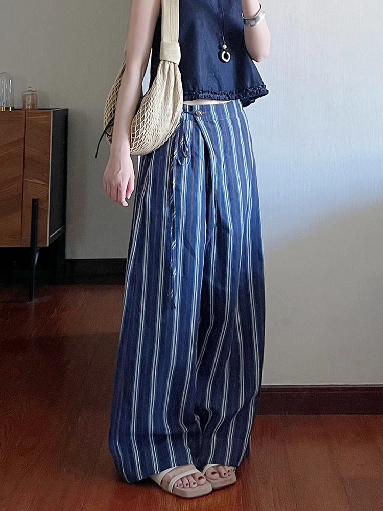 Korean Style High-End Blue Striped Wide-Leg Pants for Women - Summer 2025 Loose and Slimming Fashion Trousers