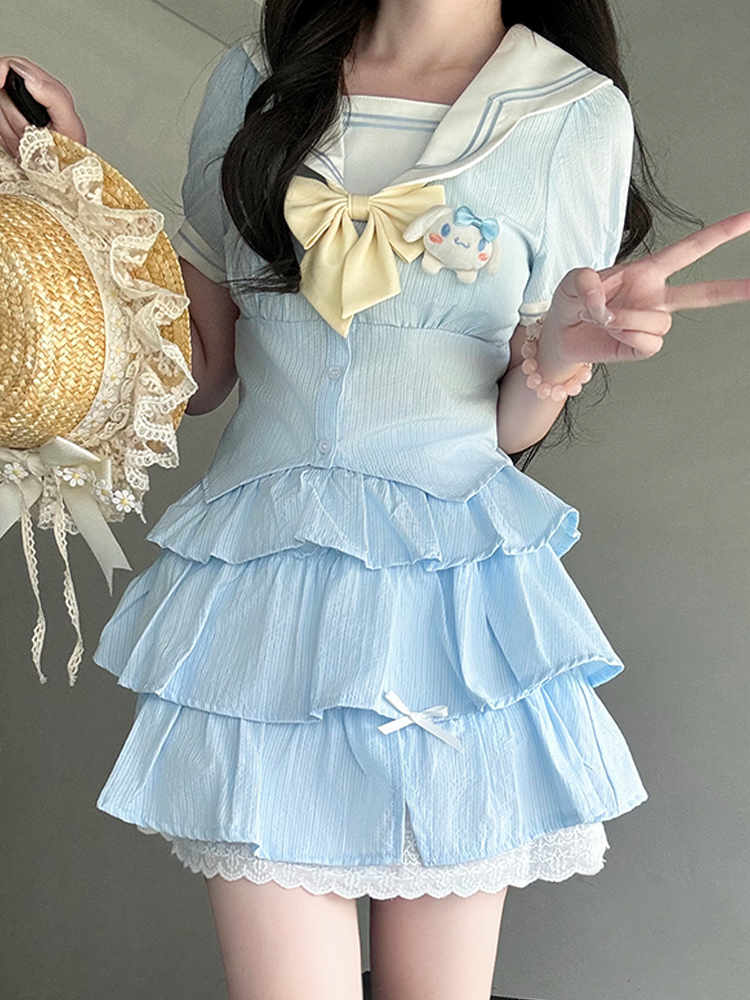 Korean Style JK Uniform Navy Collar Top with Pudding Bear Design and Sweet Cake Skirt Set for Summer - Women's College Fashion