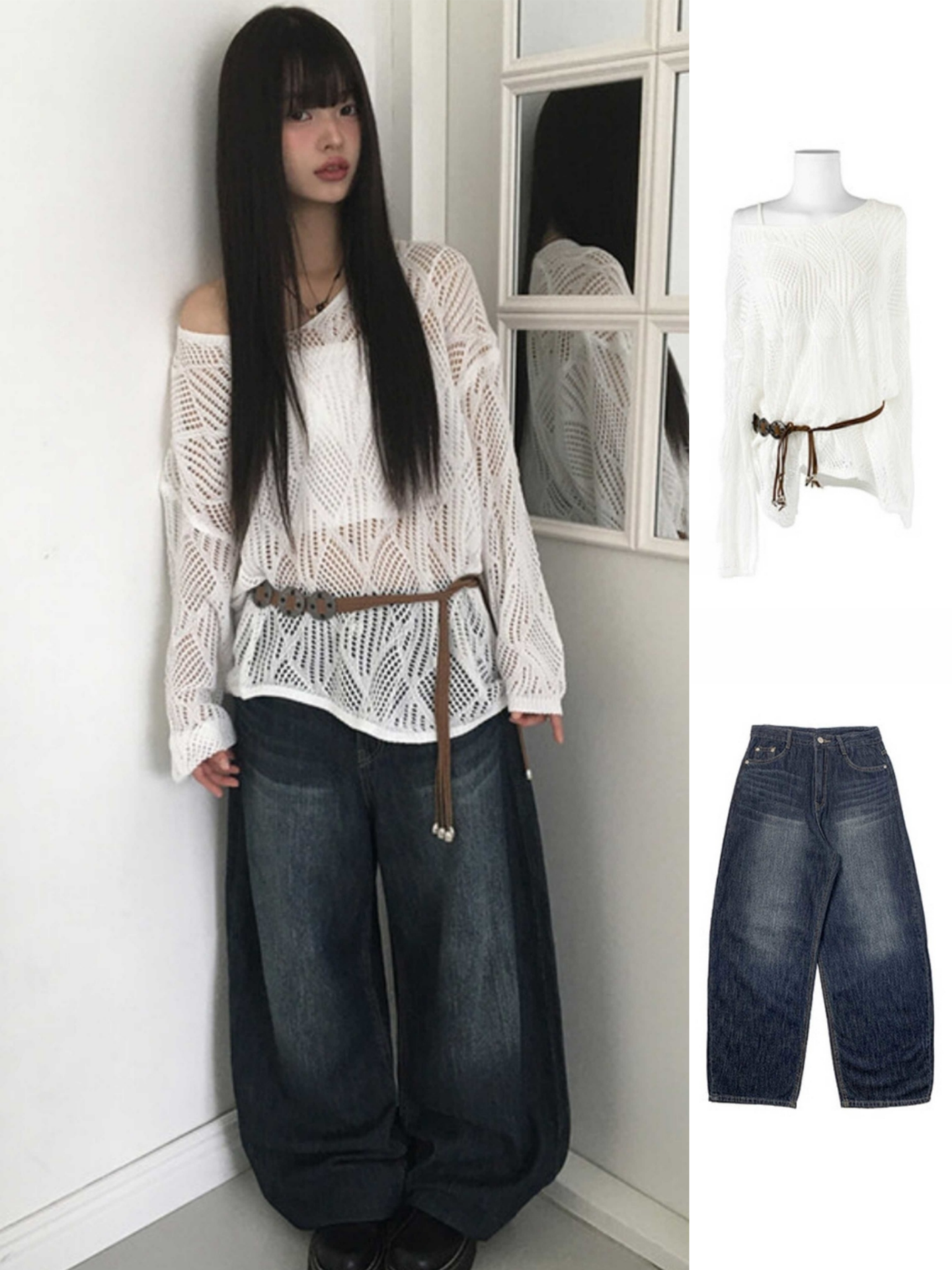 Korean-Style Summer Hollow Knitted Top with Vintage Wash Denim Pants - Casual Versatile Outfit for Effortless Style
