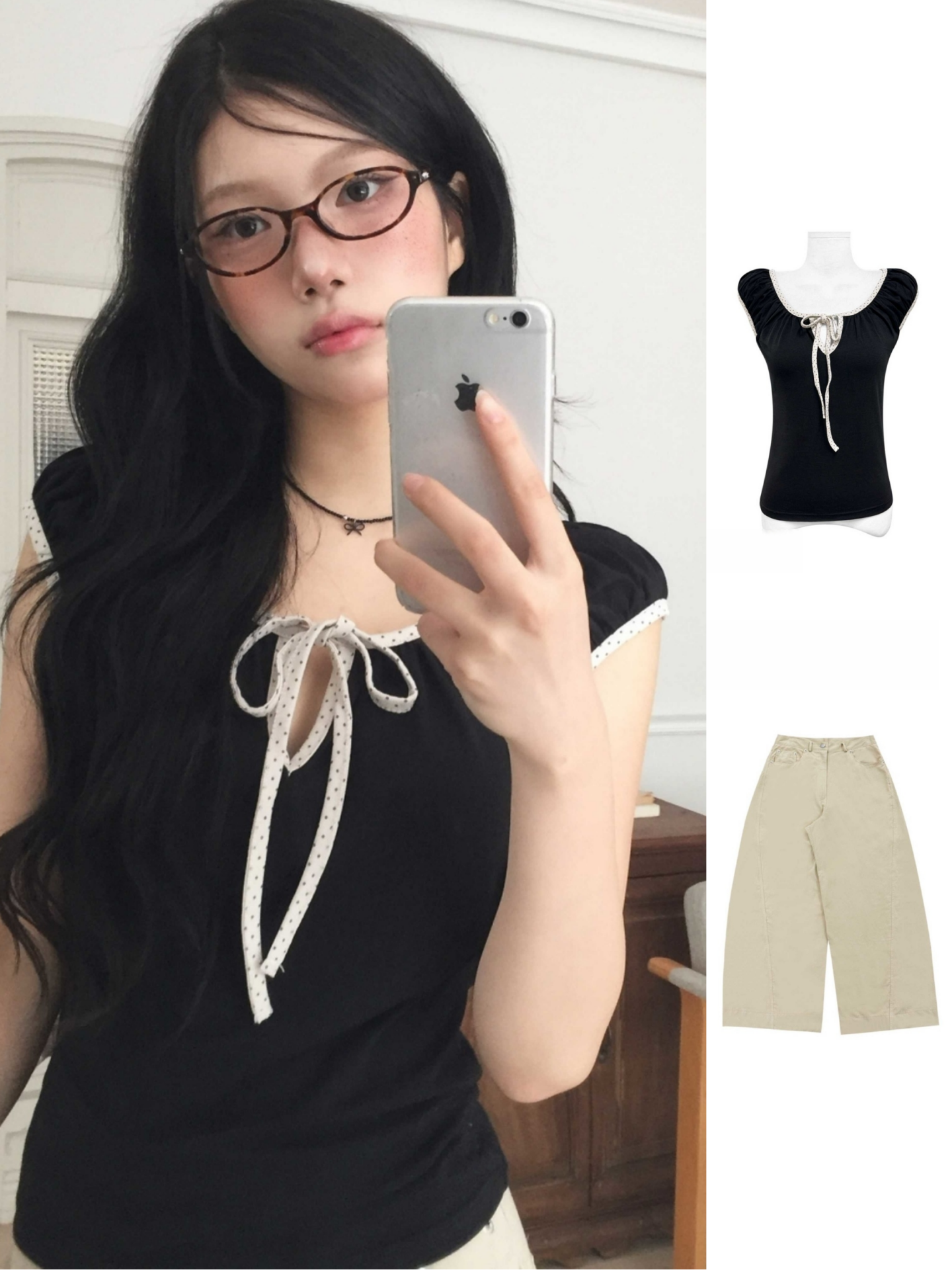Korean Style Summer Polka Dot Tie-Up Pleated Slim-Fit Short Sleeve T-Shirt & Straight Casual Pants Set
