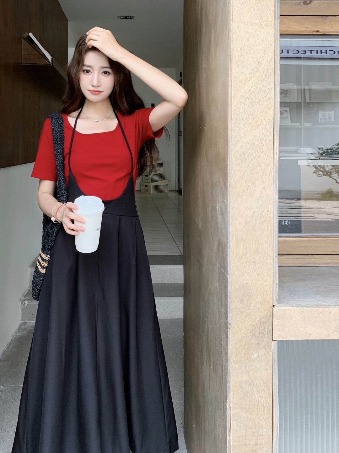 Korean Style Summer Two-Piece Set: Red Short Sleeve T-Shirt & Halter A-Line Skirt, Trendy Fashion for 2025