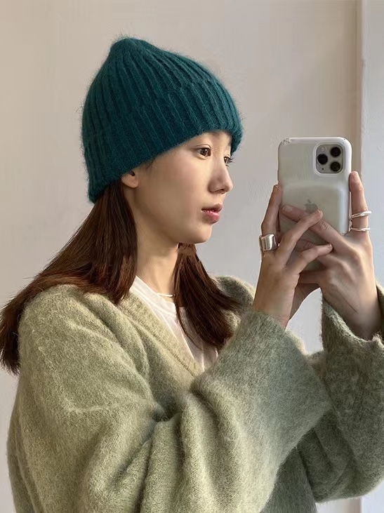 Korean Style Wide Ribbed Angora Rabbit Hair Yarn Hat in Multi-Color - Cozy Winter Accessory for Fashion-Forward Looks