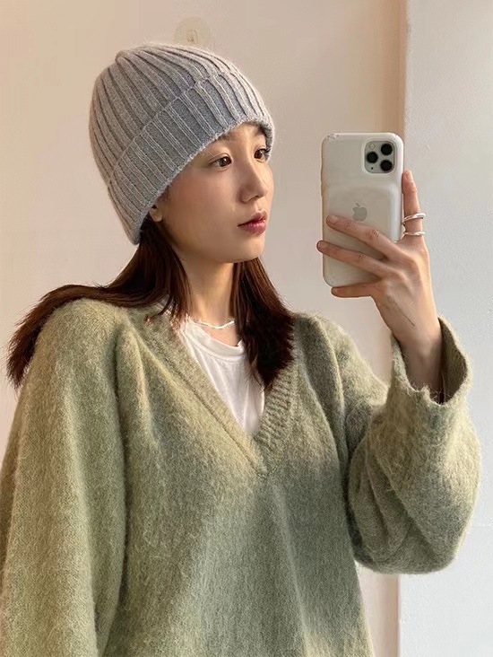 Korean Style Wide Ribbed Angora Rabbit Hair Yarn Hat in Multi-Color - Cozy Winter Accessory for Fashion-Forward Looks