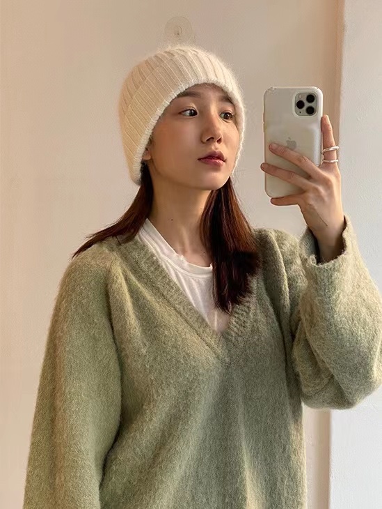 Korean Style Wide Ribbed Angora Rabbit Hair Yarn Hat in Multi-Color - Cozy Winter Accessory for Fashion-Forward Looks