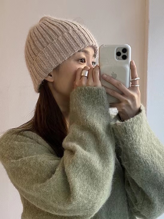 Korean Style Wide Ribbed Angora Rabbit Hair Yarn Hat in Multi-Color - Cozy Winter Accessory for Fashion-Forward Looks