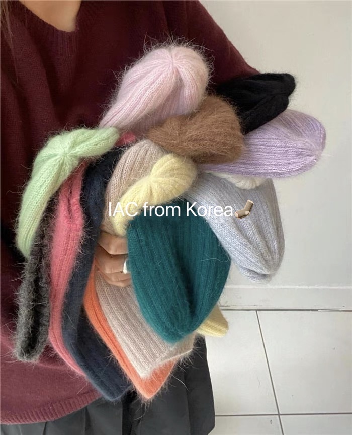 Korean Style Wide Ribbed Angora Rabbit Hair Yarn Hat in Multi-Color - Cozy Winter Accessory for Fashion-Forward Looks