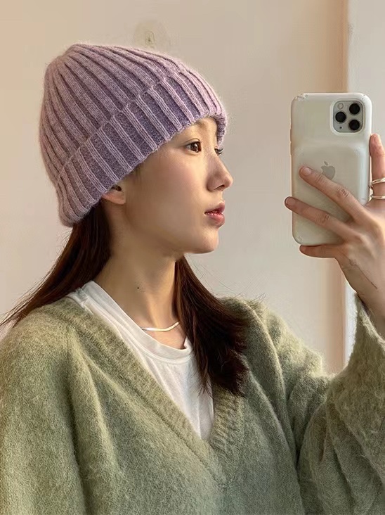 Korean Style Wide Ribbed Angora Rabbit Hair Yarn Hat in Multi-Color - Cozy Winter Accessory for Fashion-Forward Looks