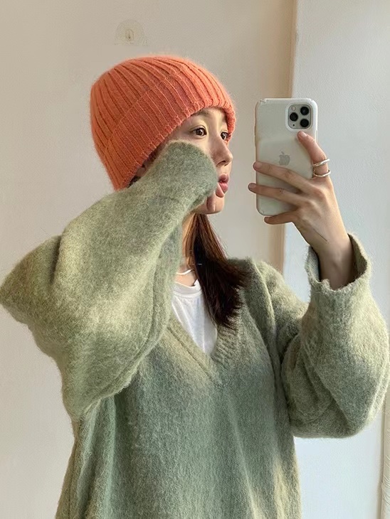 Korean Style Wide Ribbed Angora Rabbit Hair Yarn Hat in Multi-Color - Cozy Winter Accessory for Fashion-Forward Looks