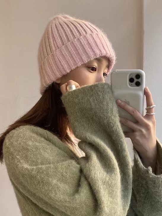Korean Style Wide Ribbed Angora Rabbit Hair Yarn Hat in Multi-Color - Cozy Winter Accessory for Fashion-Forward Looks