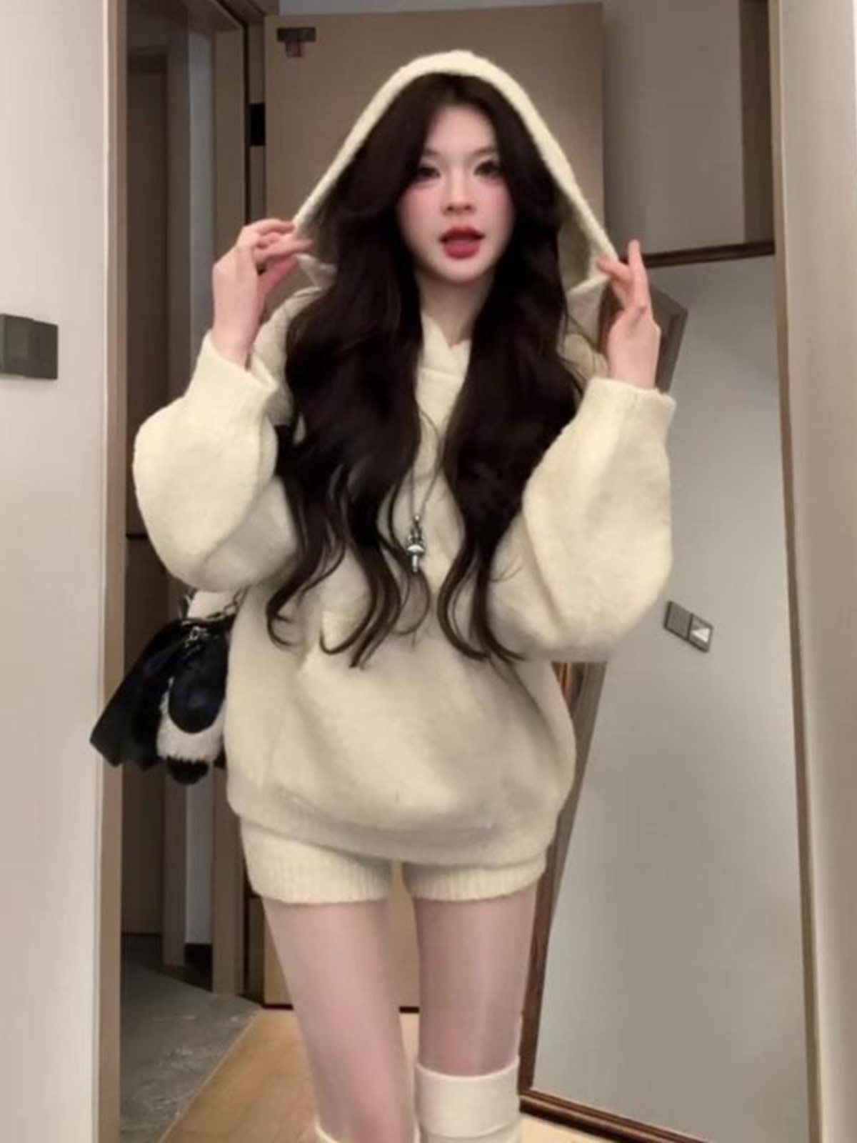 Korean-Style Winter Two-Piece Set: Casual Hooded Top & High-Waisted Slimming Shorts for Women