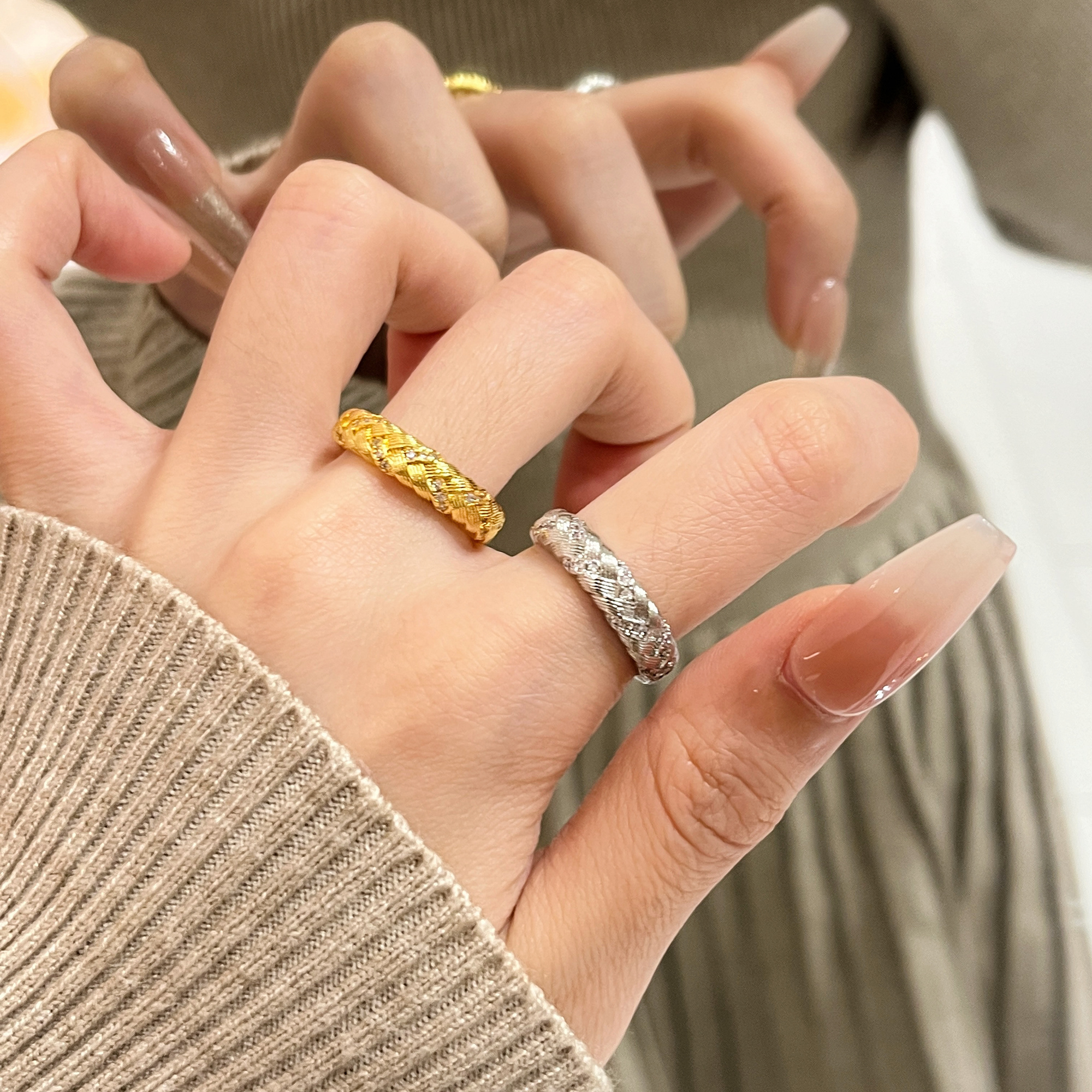 Korean Vintage Diamond-Studded Gold-Plated Silver Ring for Women, Adjustable Open Ring, Trendy High-End Fashion Accessory
