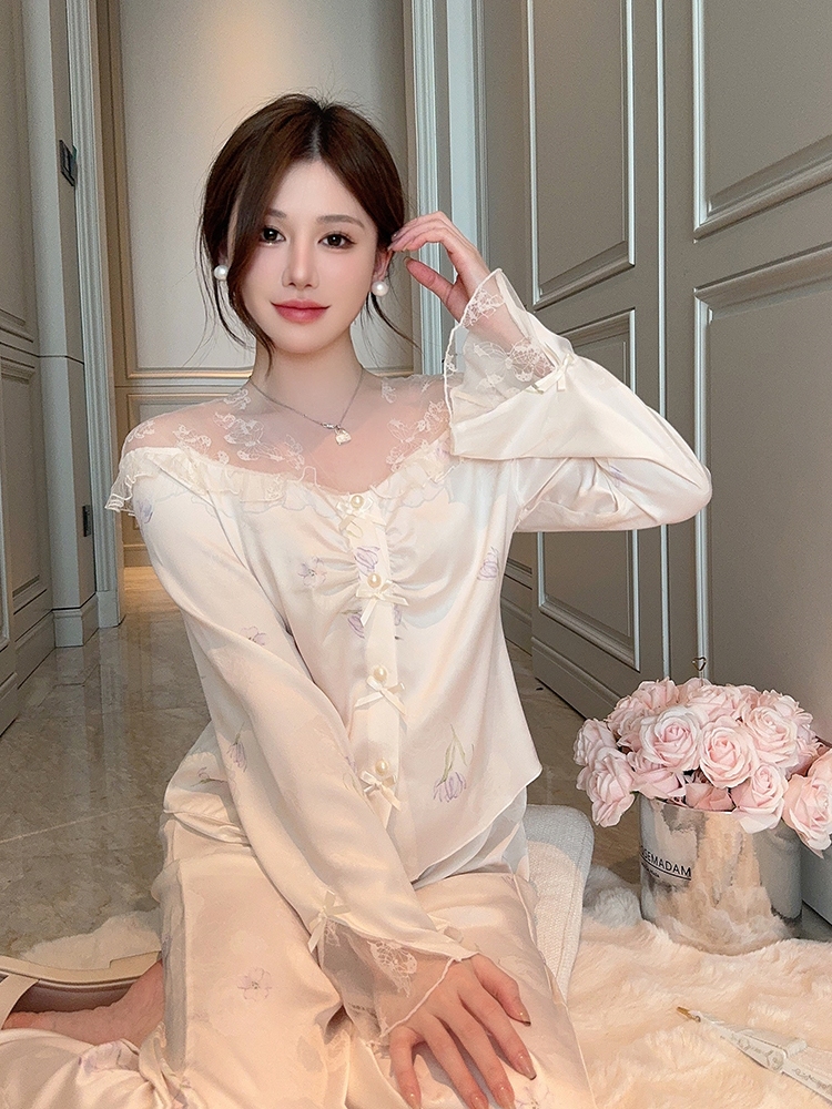 Lace Silk Satin Pajamas Set for Women, Sexy Long Sleeve Homewear, High-End Spring Autumn Sleepwear, Versatile Summer Style