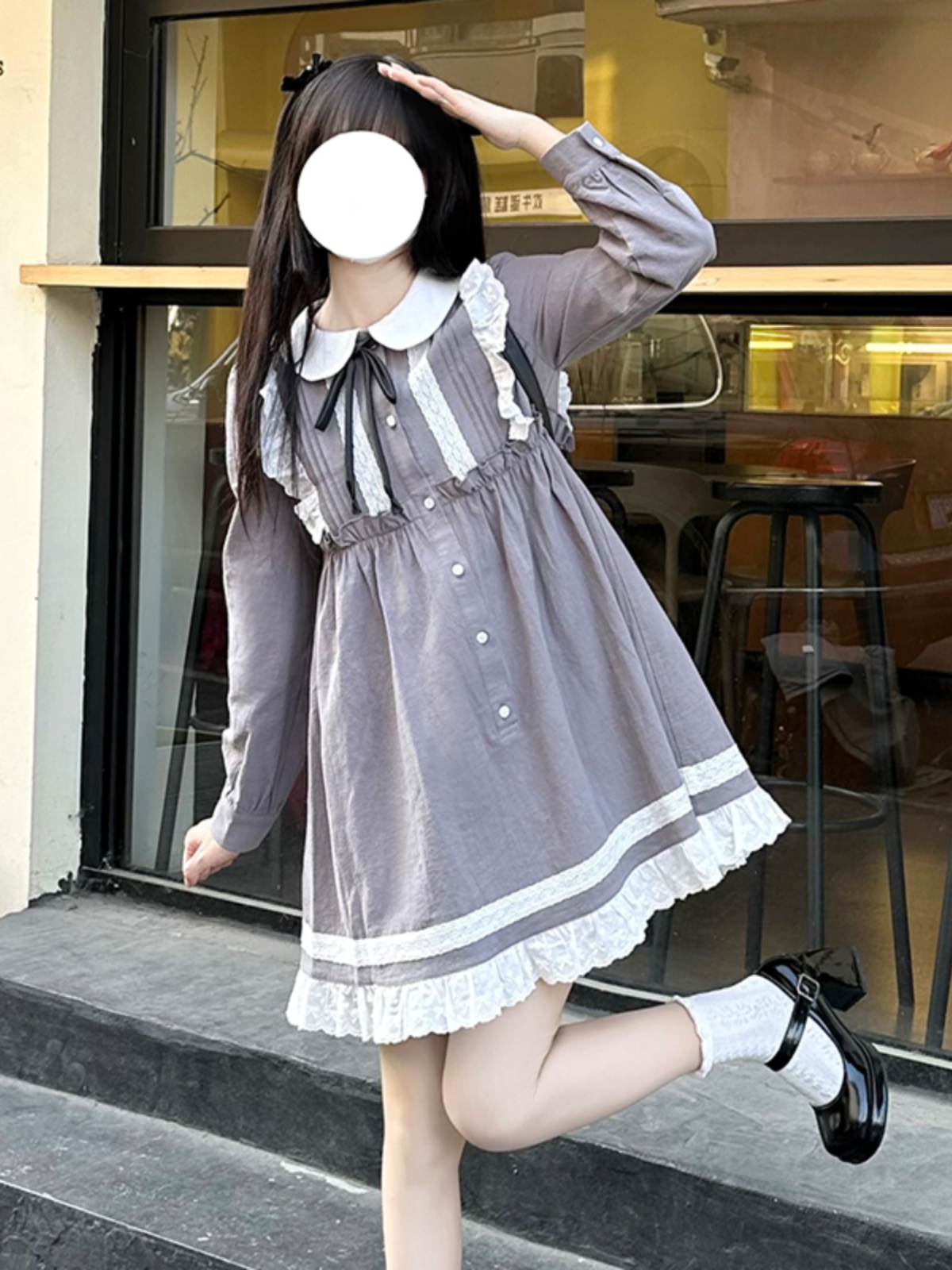 Lace Trim Doll Collar Long Sleeve Dress in Pudding Bear Style for Spring Autumn - Cute College Style Fashion Dress