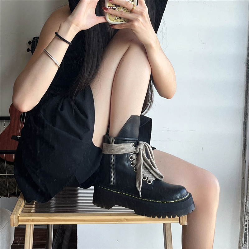Lace-Up Thick-Soled Mid-Calf Motorcycle Boots for Women - 2025 Spring Autumn Rose Park Chae-young Style