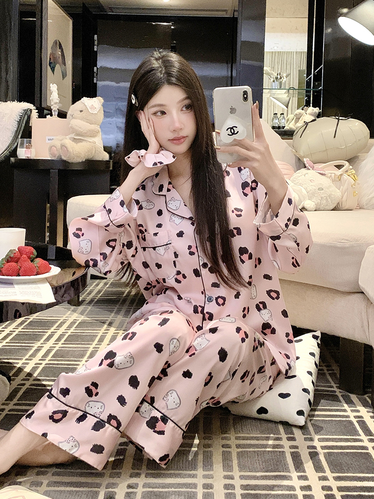 Leopard Print Ice Silk Long Sleeve Pajama Set for Women - Summer Thin Homewear for Spring & Autumn