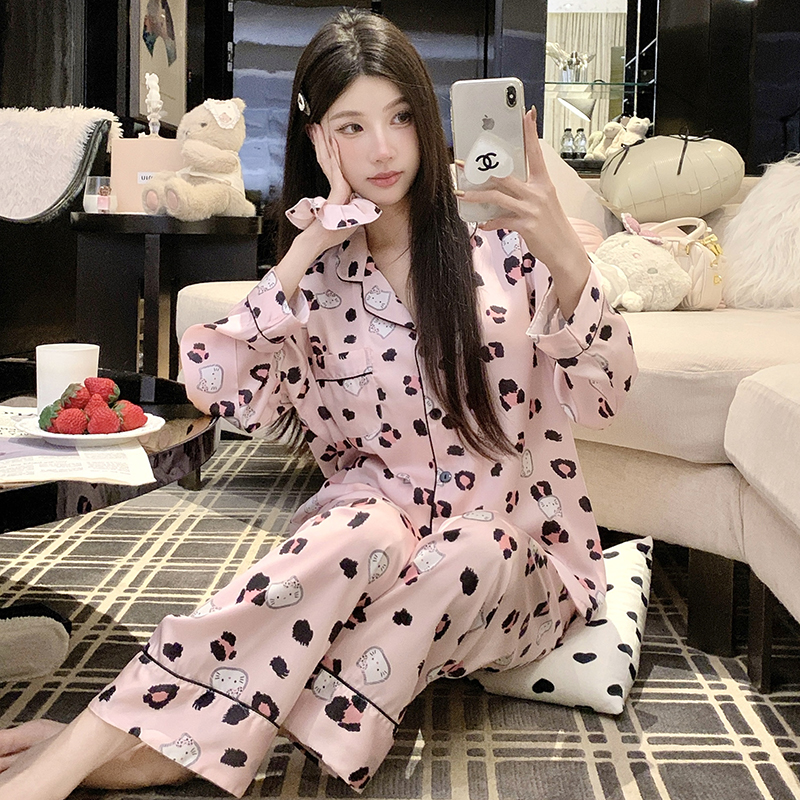 Leopard Print Ice Silk Long Sleeve Pajama Set for Women - Summer Thin Homewear for Spring & Autumn
