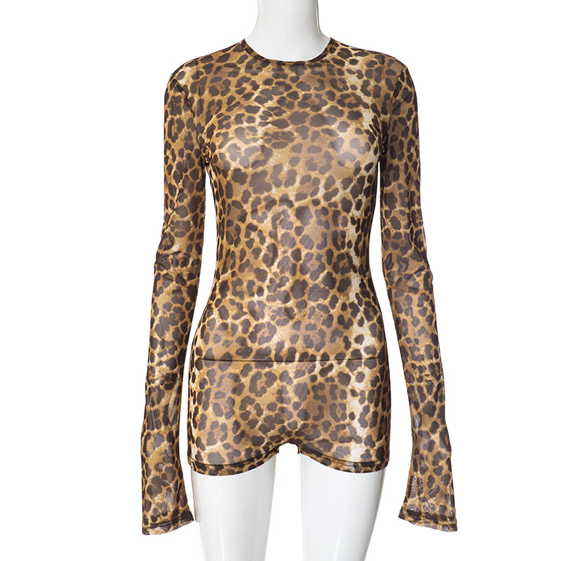 Leopard Print Mesh Hollow Backless Button Jumpsuit for Women - Round Neck Pullover, European & American Autumn/Winter Fashion