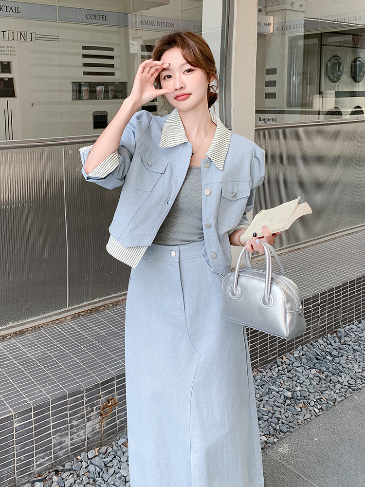 Light Blue Striped Patchwork Two-Piece Jacket and Skirt Set for Women â€“ 2025 Summer Korean Style Elegant Casual Outfit