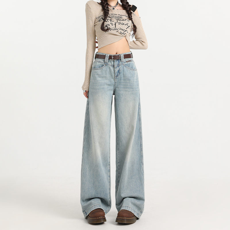 Light Blue Wide-Leg Jeans for Women - High-Waisted, Plush, Slim-Fit, Loose Draped Floor-Length for Autumn Winter 2025