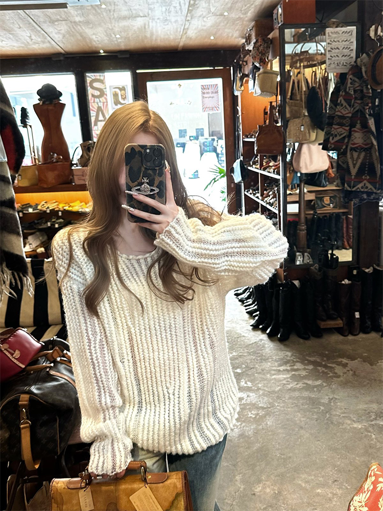 Lightweight Hollow Knit Pullover Sweater for Women - Slimming Loose Fit, Casual Style, Perfect for Layering and Everyday Wear