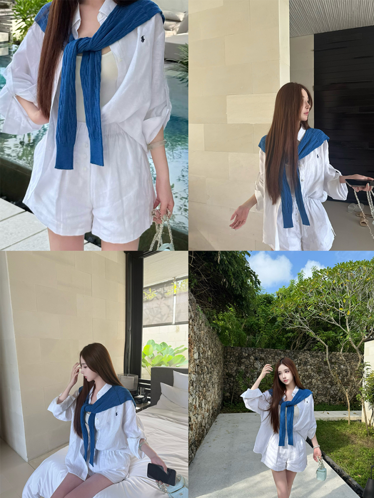 Linen Long Sleeve Shirt and Shorts Set in UK Old Money Style - Relaxed Fit Socialite Vacation Outfit for Effortless Chic