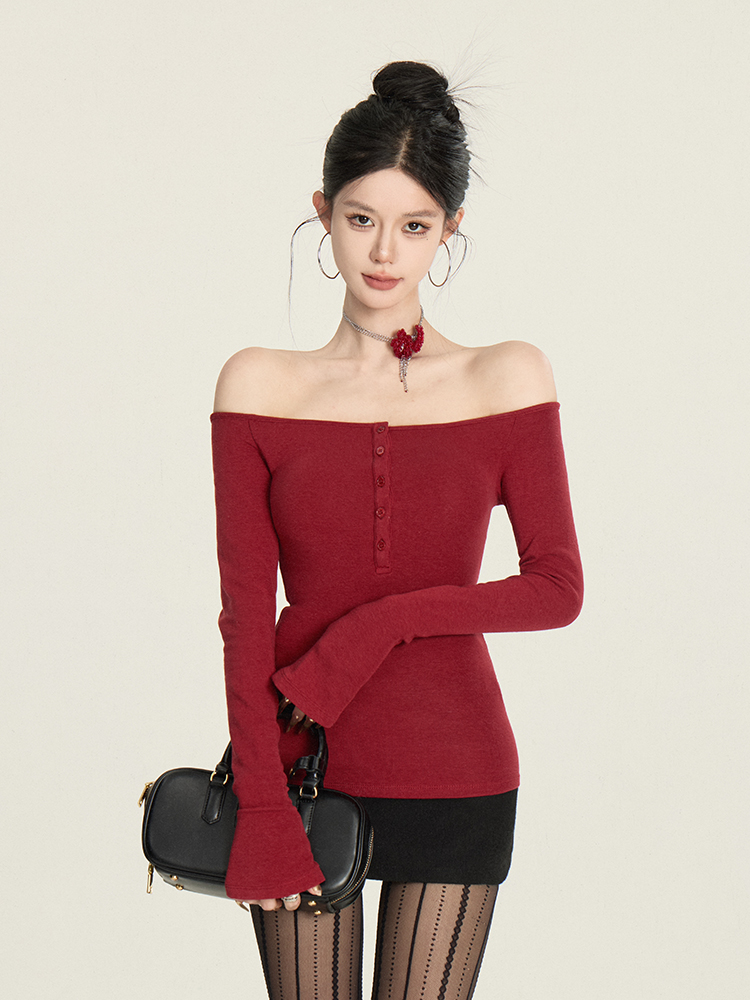 Long Sleeve Off-Shoulder T-Shirt for Women with Bell Sleeves - Winter 2025 New Design, Stylish Base Top, Y2K Fashion