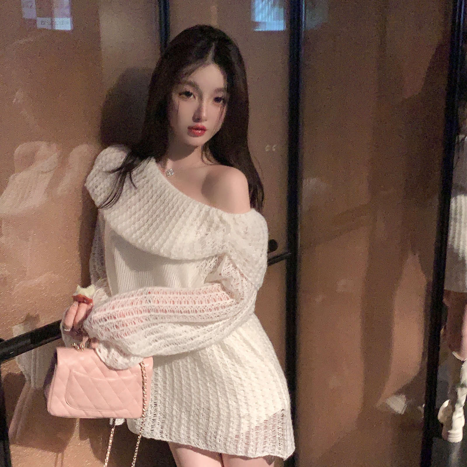 Loose Elegant Hollow Shoulder White Sweater for Women - Soft Knitted Cardigan in Trendy Lazy Style