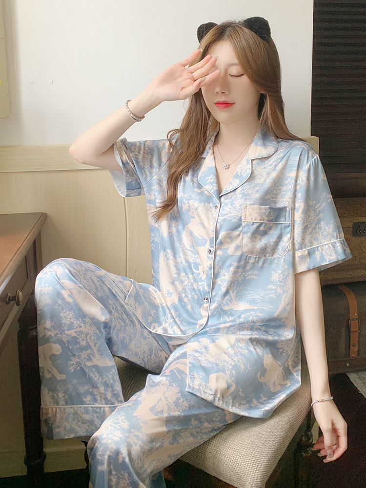 Luxury Ice Silk Retro Pajamas Set for Women - 2025 Summer Short Sleeve & Shorts Homewear in Ink Wash Style