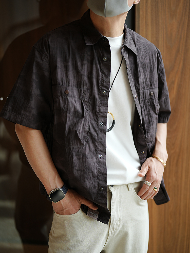 Men's American High Street Minimalist Short Sleeve Shirt with Large Pockets - Trendy Functional Summer Collar Top