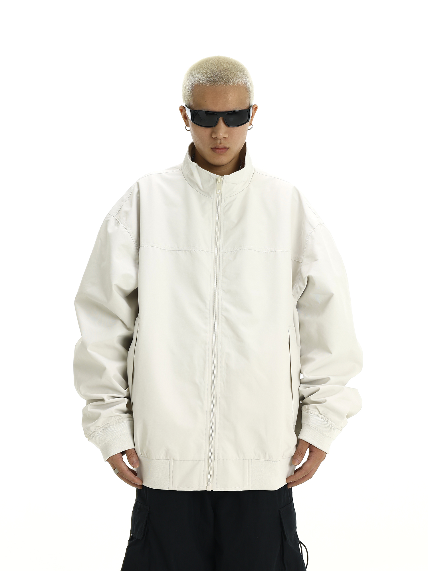 Men's American Vintage Stand Collar Windbreaker Jacket, Casual Loose Fit Solid Color Coat for Autumn Winter, Flight & Work Style