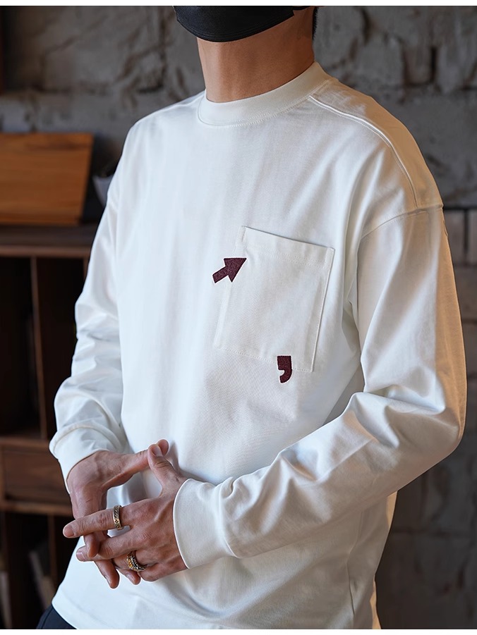 Men's Hong Kong Style Creative Embroidery Cotton T-Shirt - Loose Heavyweight Long Sleeve Round Neck Top for Autumn Fashion