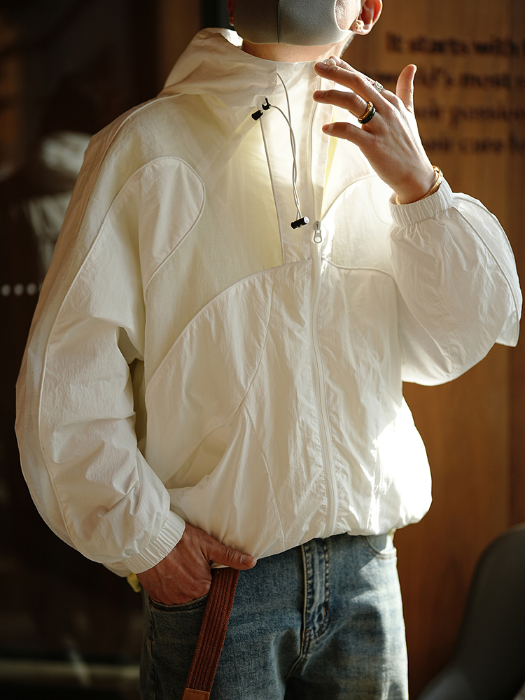 Men's Lightweight Hooded Jacket with Mesh Splicing for Summer Outdoor Casual Style, Sun Protection, Trendy American Fashion