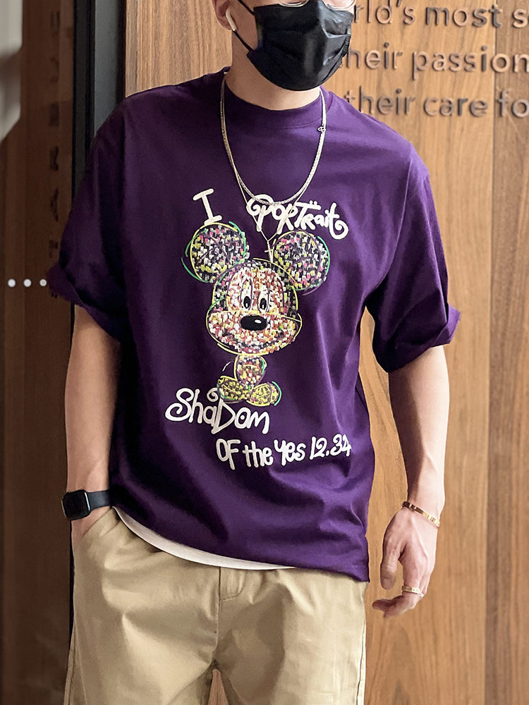 Men's Mickey Heavy Embroidery Short-Sleeve T-Shirt - Trendy Loose Fit Summer Tee with Flocked Design, American High Street Style