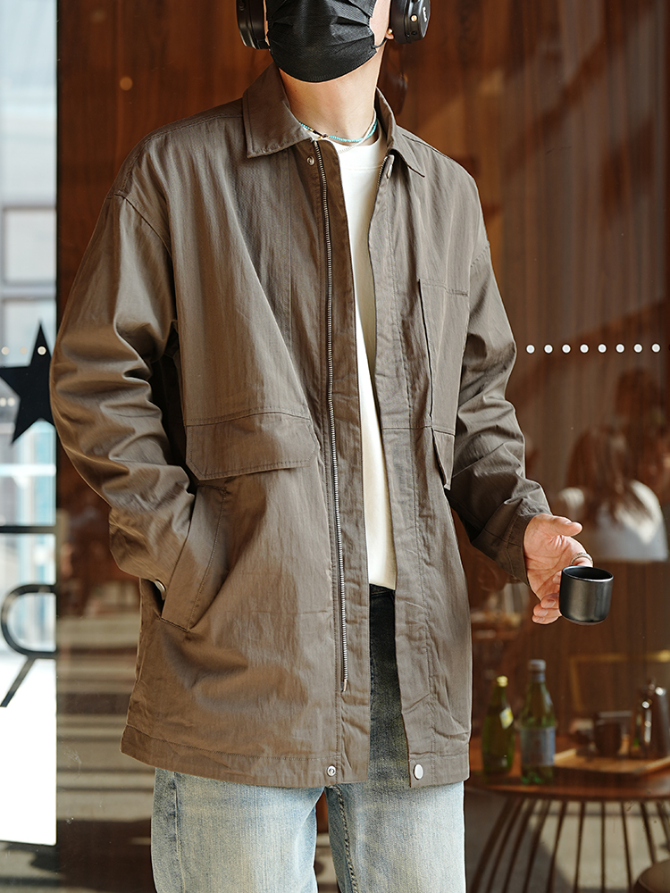 Men's Mid-Length Lapel Trench Coat in American Retro Minimalist Design - Trendy Loose Versatile Autumn Fashion Work Jacket
