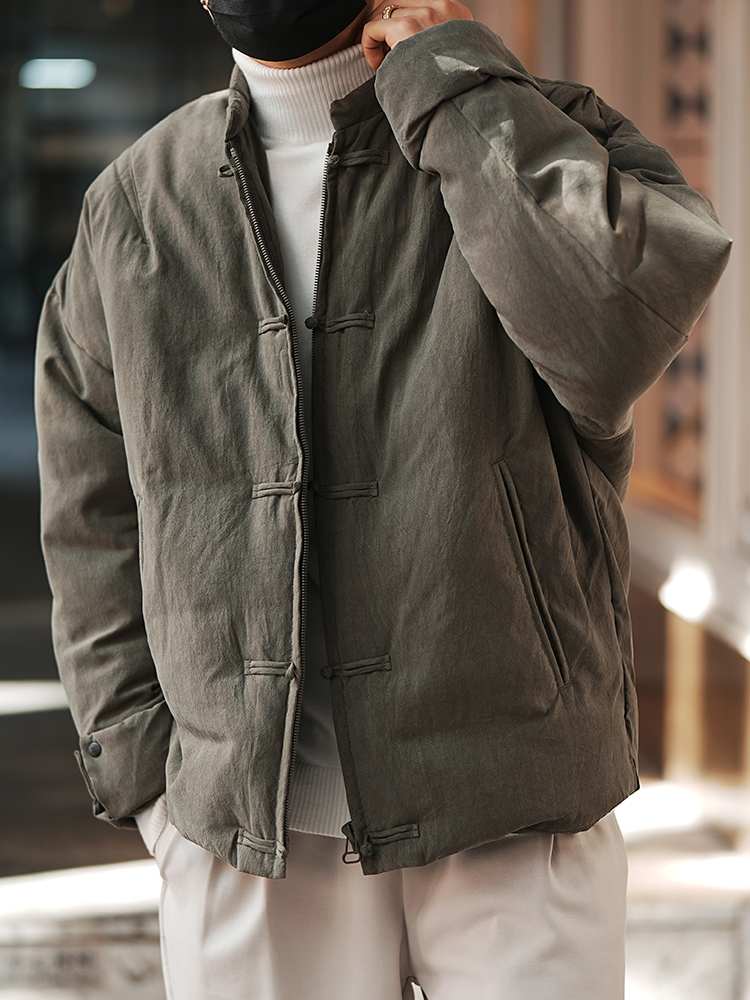 Men's National Style High-End Stand Collar Down Jacket, Trendy Chinese-Style Winter Coat with Zipper