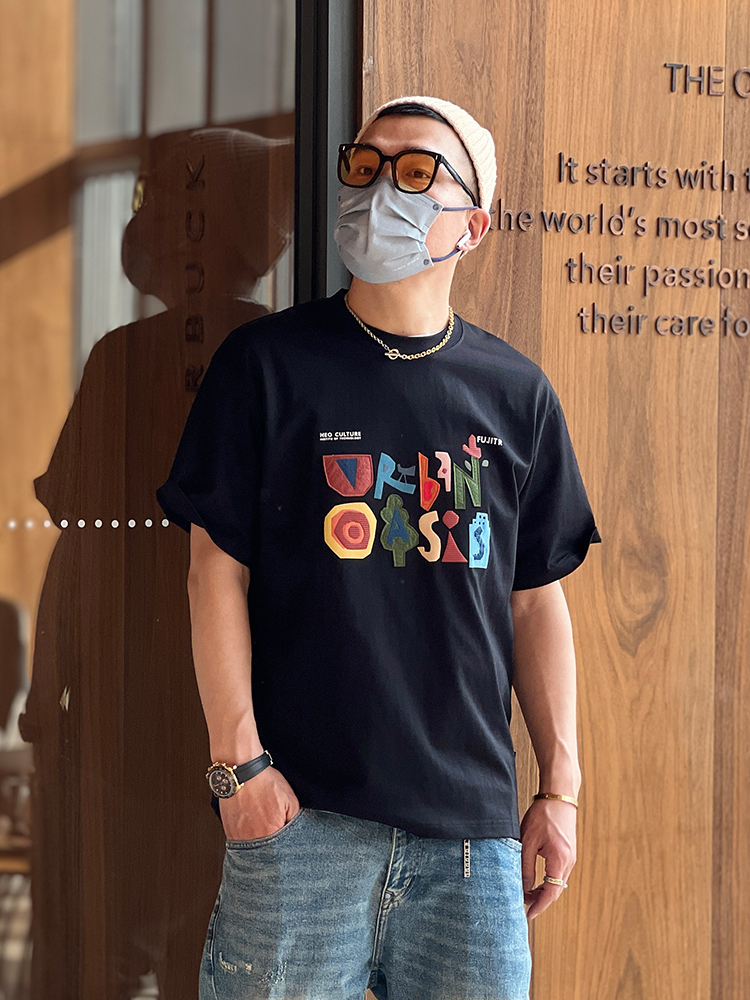 Men's Retro Patch Design Short-Sleeve T-Shirt - Loose Fit Round Neck Cotton Tee for Summer, Ins Style, Y2K Fashion