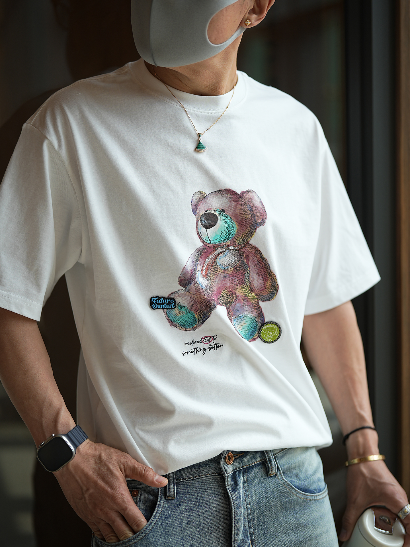 Men's Summer Cartoon Hand-Drawn Bear Print Cotton Short Sleeve T-Shirt with Letter Embroidery, Trendy Casual Style