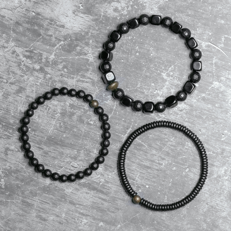 Men's Versatile Three-Piece Bracelet Set - Black Ebony, Agate & Obsidian Mixed Design for Street Style Fashion