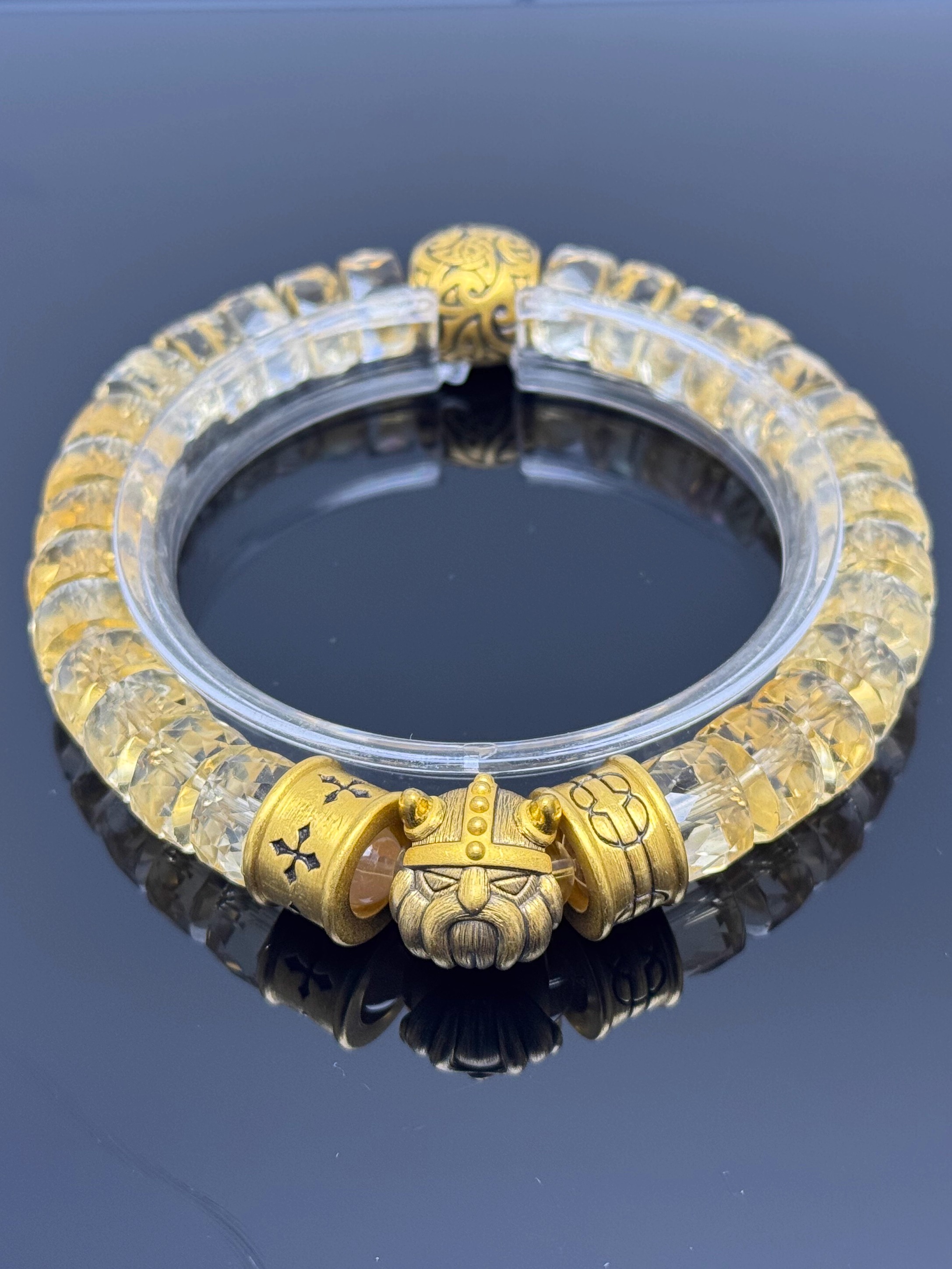 Men's Viking Warrior Wealth Bracelet with Solid Gold Fortune Beads and Diamond-Faceted Brazilian Yellow Crystal