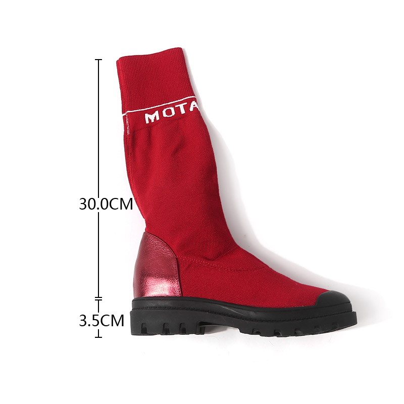 Mid-Calf Knitted Sock Tube Boots for Women - Round Toe Genuine Leather - Trendy Spring Autumn Footwear