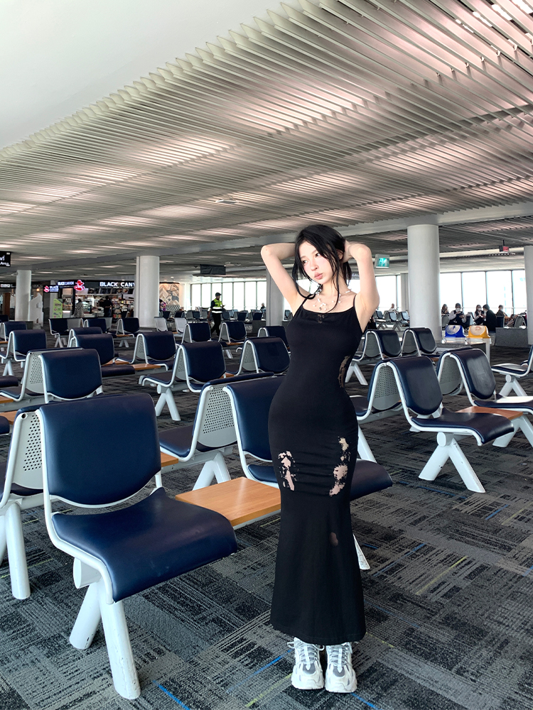 Mid-Length Black Spaghetti Strap Dress with Burn Flower Design - Women's Slim Fit Hunting Sister Style for Y2K and 90s Fashion