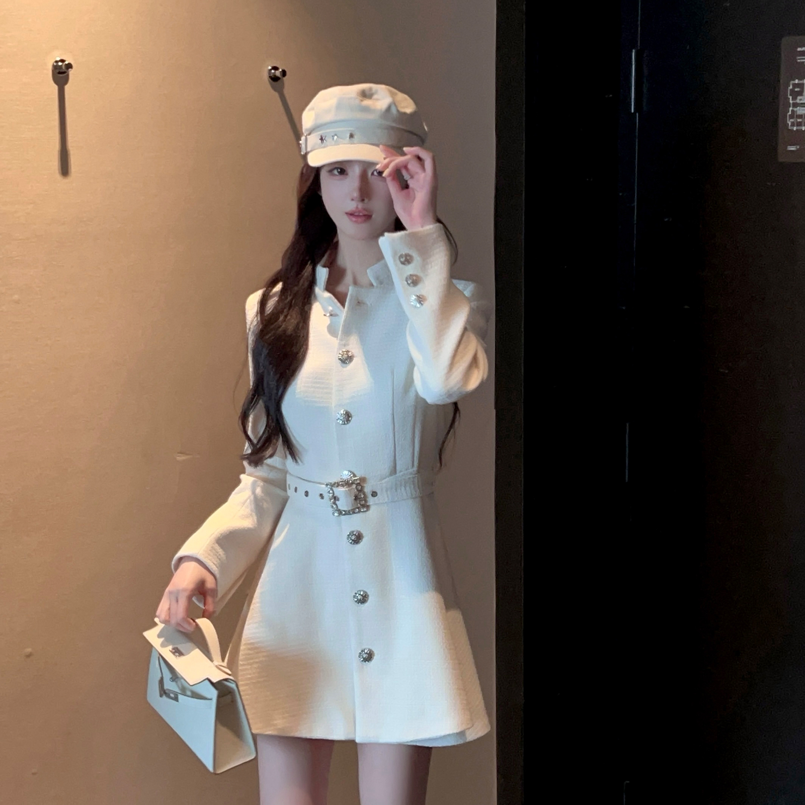 Mid-Length Waist-Cinching White Woolen Coat with Stand Collar for Women - Autumn Winter Fashion Outerwear