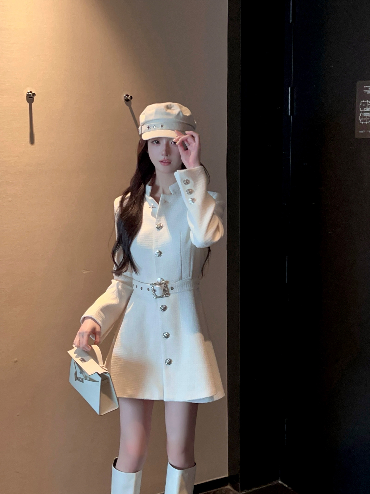 Mid-Length Waist-Cinching White Woolen Coat with Stand Collar for Women - Autumn Winter Fashion Outerwear