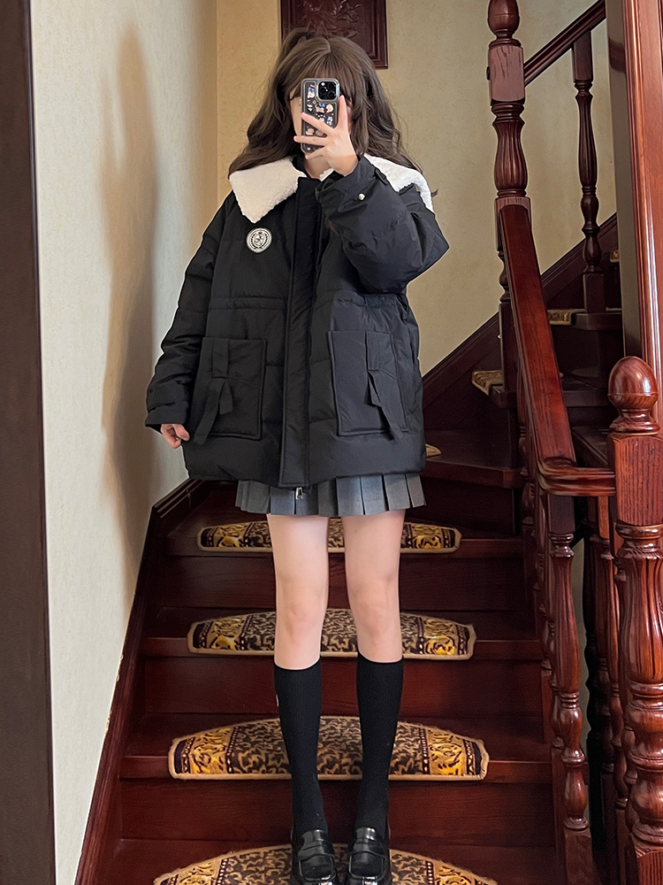 Mid-Length White Duck Down Jacket - Pudding Bear JK Style Winter Coat with Adjustable Waist, Perfect for Cold Weather Fashion