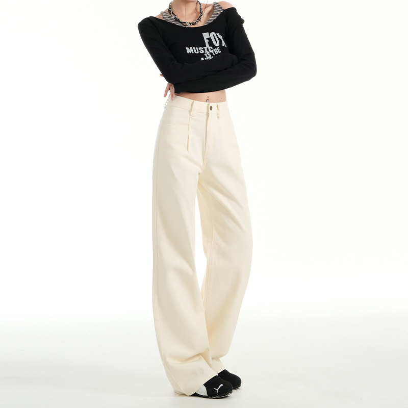 Milk Apricot Pleated Fleece Wide-Leg Jeans for Women â€“ High-Waisted, Loose-Fitting, Versatile Straight-Leg Pants for Autumn & Winter, Petite Sizes