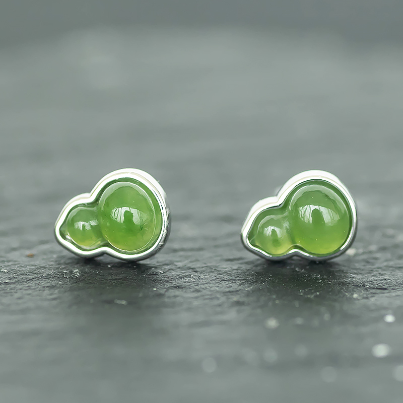 Minimalist 925 Silver Hetian Jade Gourd Stud Earrings - Vintage-Inspired Delicate Jewelry Gift for Mother's Day