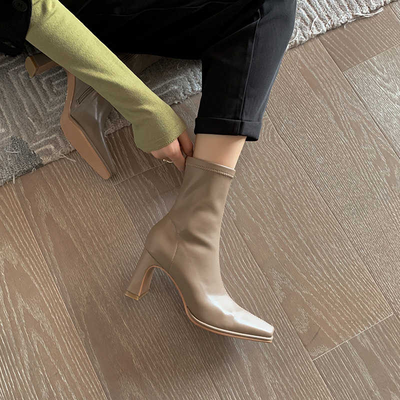 Minimalist Chunky Heel High-Heeled Elastic Short Boots for Women - Square Toe Slim Fit 2025 Trendy Style
