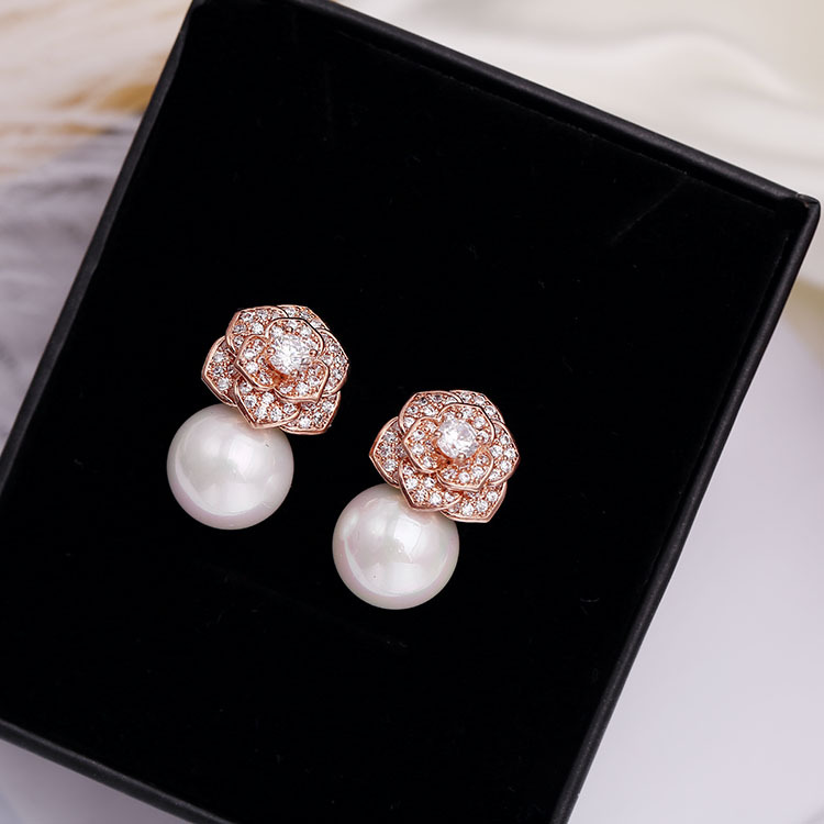 Minimalist Pearl Stud Earrings for Women, Vintage S925 Silver Drop Earrings with Sparkly Rhinestone Camellia Detail, Elegant Style