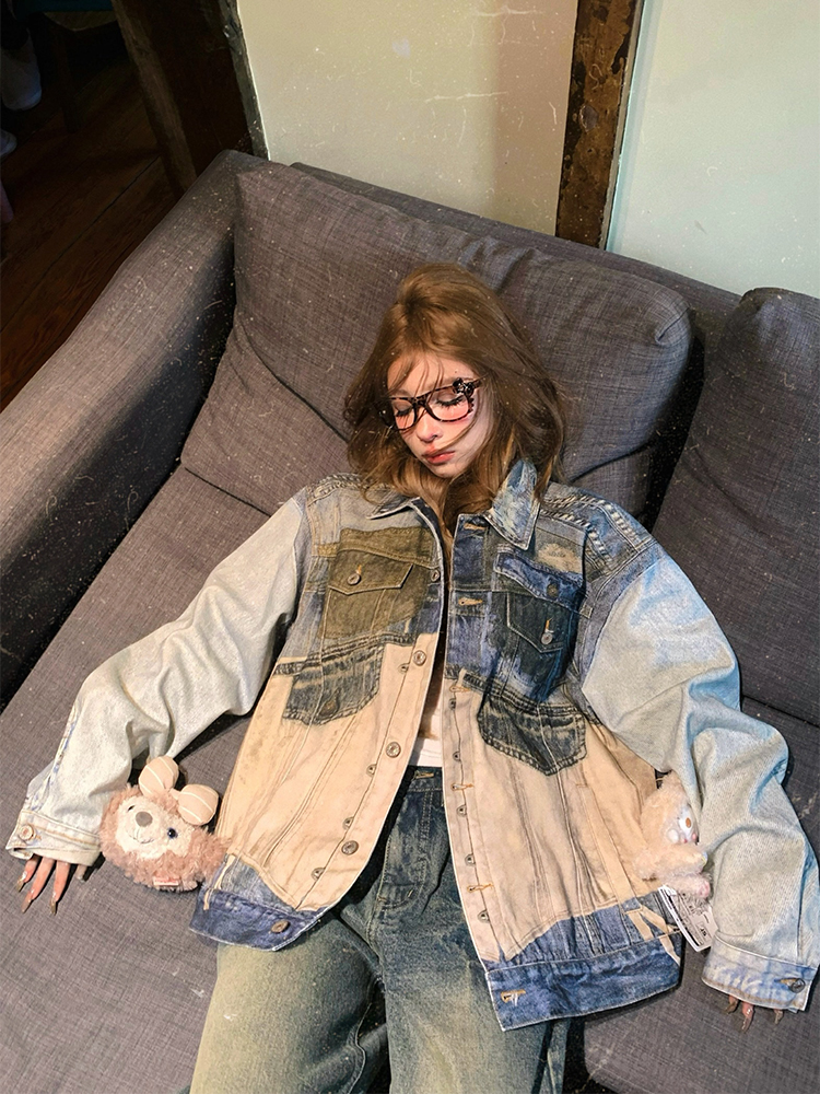 Mixed Denim Punk Heavy-Duty Spliced Loose Denim Jacket for Women - Vintage 90s Style Outerwear